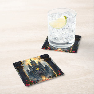 Moonlit Aisle of Eternal Vows –Gothic Wedding Gate Square Paper Coaster