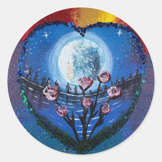 Moonlit and flowers- handmade artwork  classic round sticker (Front)