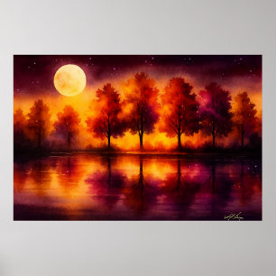 Moonlit Autumn Reflections Forest by Night Poster