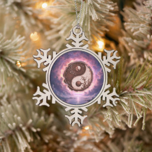 Moonlit Balance – Yin Yang of Eternal Light.  Snowflake Pewter Christmas Ornament