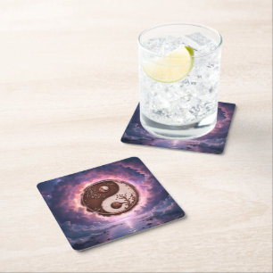 Moonlit Balance – Yin Yang of Eternal Light. Square Paper Coaster