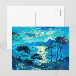 Moonlit Bay with Boats Impressionist Nocturne Postcard