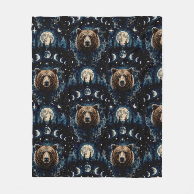 Moonlit Bear Watercolor Pattern | Celestial Forest Fleece Blanket (Front)