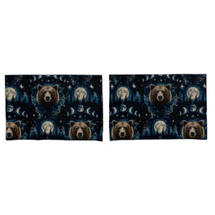 Moonlit Bear Watercolor Pattern Celestial Forest Pillowcase