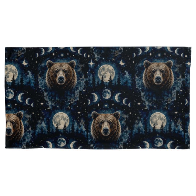 Moonlit Bear Watercolor Pattern | Celestial Forest Pillowcase (Front)