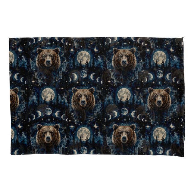 Moonlit Bear Watercolor Pattern | Celestial Forest Pillowcase (Front)