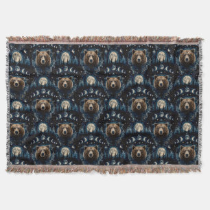 Moonlit Bear Watercolor Pattern Celestial Forest Throw Blanket