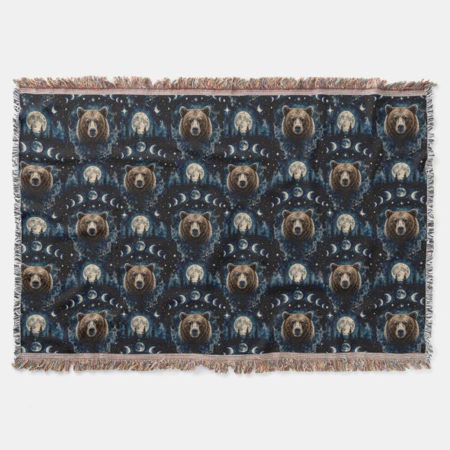 Moonlit Bear Watercolor Pattern | Celestial Forest Throw Blanket (Front)