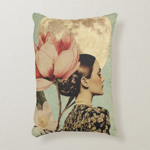 Moonlit Beauty – Woman with Pink Flower and Moon Accent Pillow