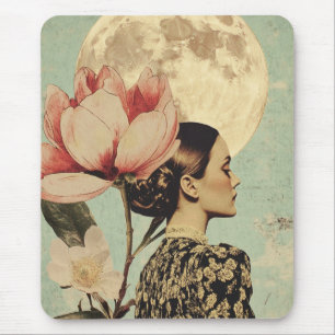 Moonlit Beauty – Woman with Pink Flower and Moon Mouse Pad