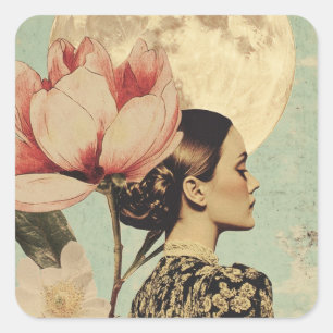 Moonlit Beauty – Woman with Pink Flower and Moon Square Sticker