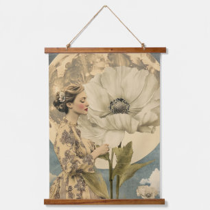 Moonlit Beauty – Woman with White Flower and Moon Hanging Tapestry