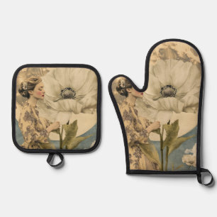 Moonlit Beauty – Woman with White Flower and Moon Oven Mitt & Pot Holder Set