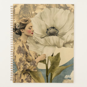 Moonlit Beauty – Woman with White Flower and Moon Planner