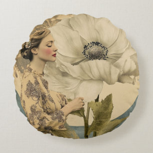 Moonlit Beauty – Woman with White Flower and Moon Round Pillow