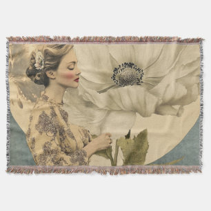 Moonlit Beauty – Woman with White Flower and Moon Throw Blanket