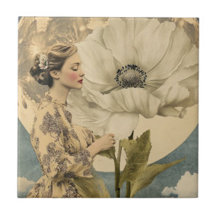 Moonlit Beauty – Woman with White Flower and Moon Tile