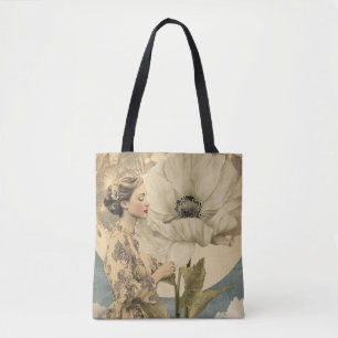Moonlit Beauty – Woman with White Flower and Moon Tote Bag