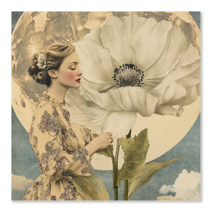 Moonlit Beauty – Woman with White Flower and Moon Wallpaper