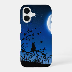 Moonlit Black Cat on Tree Silhouette iPhone 16 Case