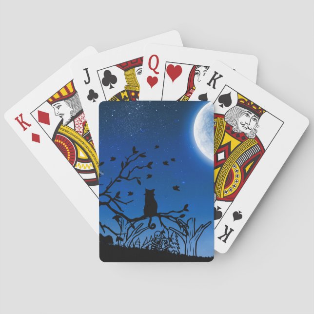 Moonlit Black Cat on Tree Silhouette Playing Cards (Back)