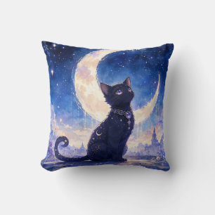Moonlit Black Cat Throw Pillow