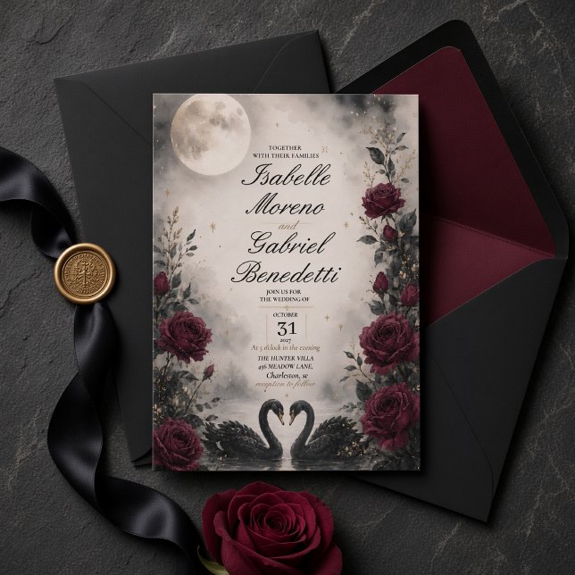 Moonlit Black Swan Gothic Wedding Invitation (Creator Uploaded)