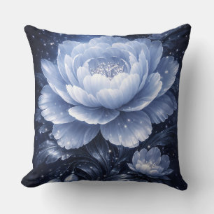 Moonlit Bloom – Luminous Blue Floral Wall Art Throw Pillow