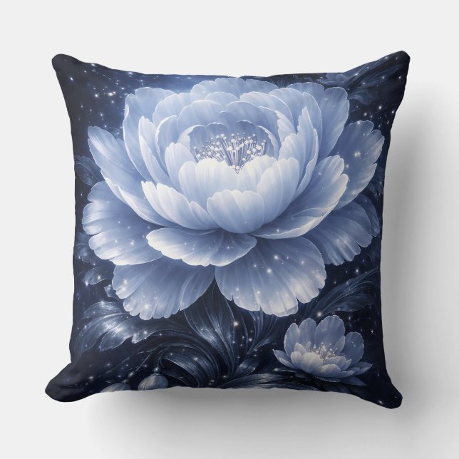 Moonlit Bloom – Luminous Blue Floral Wall Art Throw Pillow (Front)