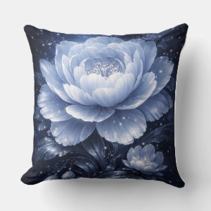 Moonlit Bloom – Luminous Blue Floral Wall Art Throw Pillow