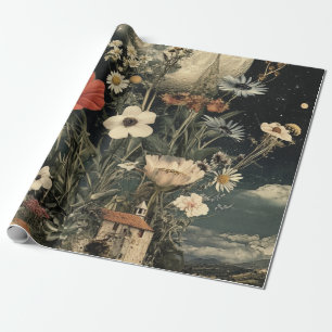 Moonlit Blooms Over Rustic Charm Wrapping Paper