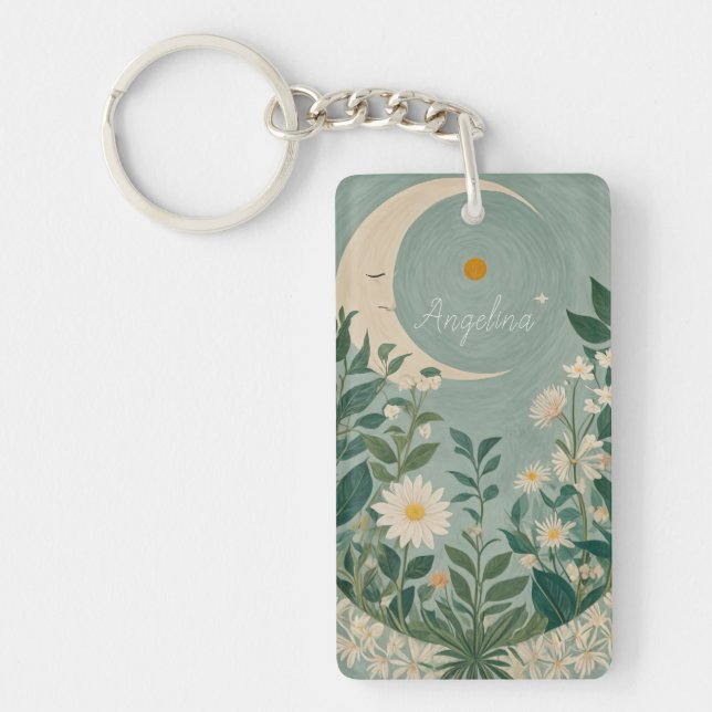Moonlit Blooms: Pastel Floral and Crescent Moon Keychain (Front)