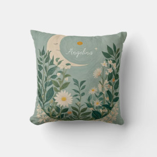 Moonlit Blooms: Pastel Floral and Crescent Moon Throw Pillow