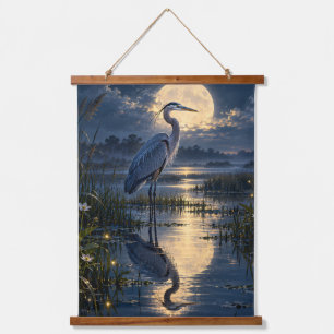 Moonlit Blue Heron Wetland Fireflies Night Scene Hanging Tapestry