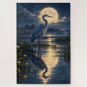 Moonlit Blue Heron Wetland Fireflies Night Scene Jigsaw Puzzle