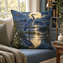 Moonlit Blue Heron Wetland Fireflies Night Scene