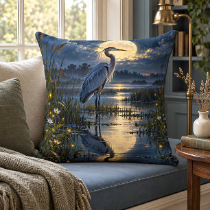 Moonlit Blue Heron Wetland Fireflies Night Scene Throw Pillow