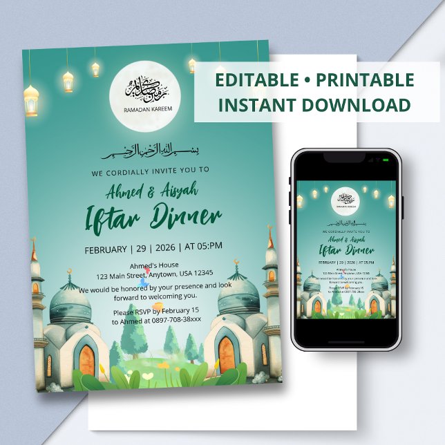 Moonlit Blue Mosque Ramadan Iftar Invitation (Créateur téléchargé)