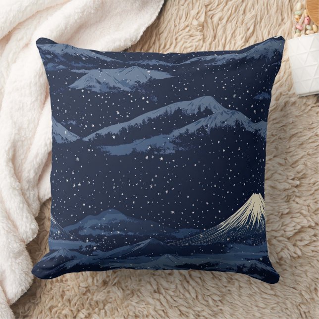 Moonlit Blue Snow Mountains Celestial Pattern Throw Pillow (Blanket)