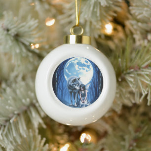 Moonlit Bond – The Wolf and the Gothic Fairy.   Ceramic Ball Christmas Ornament