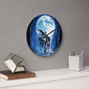 Moonlit Bond – The Wolf and the Gothic Fairy.   Large Clock