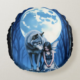 Moonlit Bond – The Wolf and the Gothic Fairy. Round Pillow