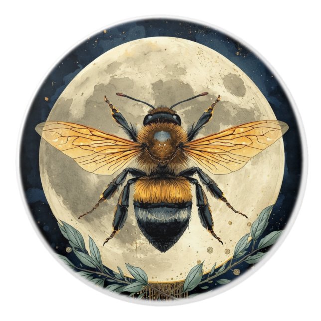 Moonlit Bumblebee Watercolor Art | Celestial Bee a Ceramic Knob (Front)