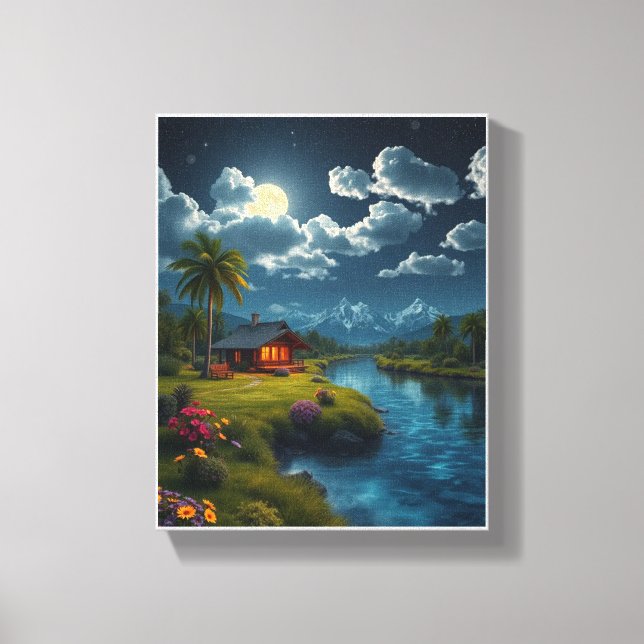 Moonlit Cabin by the River – Nature Wall Art (Front)