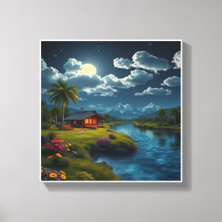 Moonlit Cabin by the River – Nature Wall Art.  Canvas Print