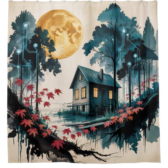 Moonlit Cabin Japanese Forest Art (1) (Front)