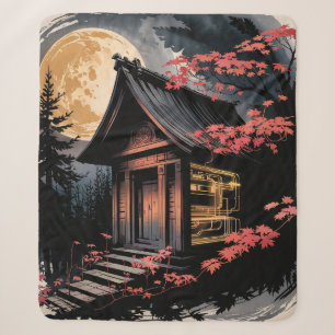 Moonlit Cabin Japanese Forest Art (10) Sherpa Blanket