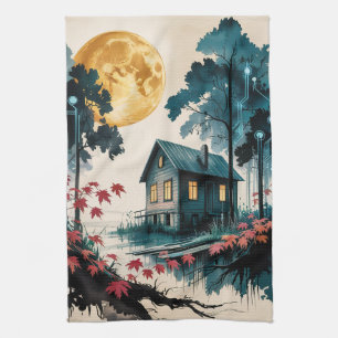 Moonlit Cabin Japanese Forest Art (1) Kitchen Towel