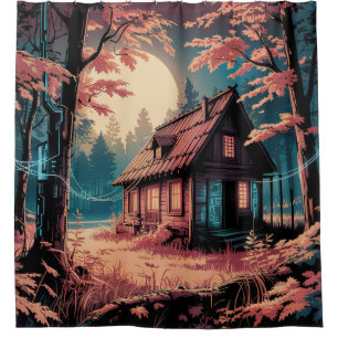 Moonlit Cabin Japanese Forest Art (2)