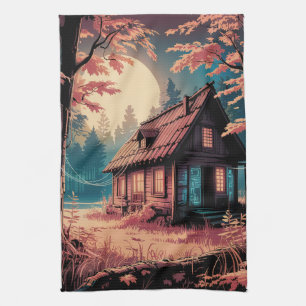 Moonlit Cabin Japanese Forest Art (2) Kitchen Towel
